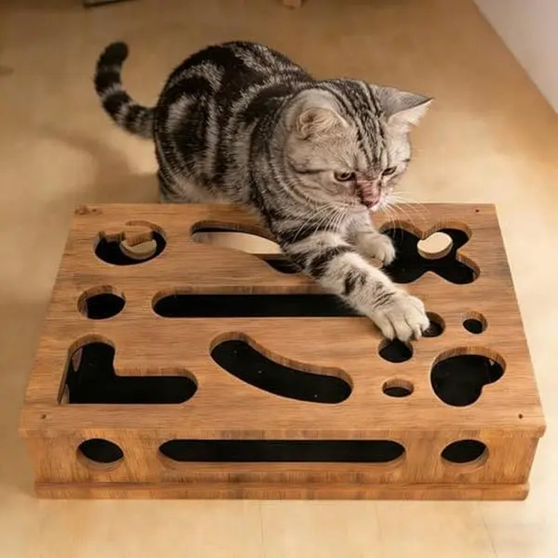 GENERIC Natural Wood Textured Cat Scratch Puzzle Toy Enrichment Box - Solid Wood Scratching Post Alternative with Nail File for Claw & Paw Care, Indoor Cats (Brown), Scratcher