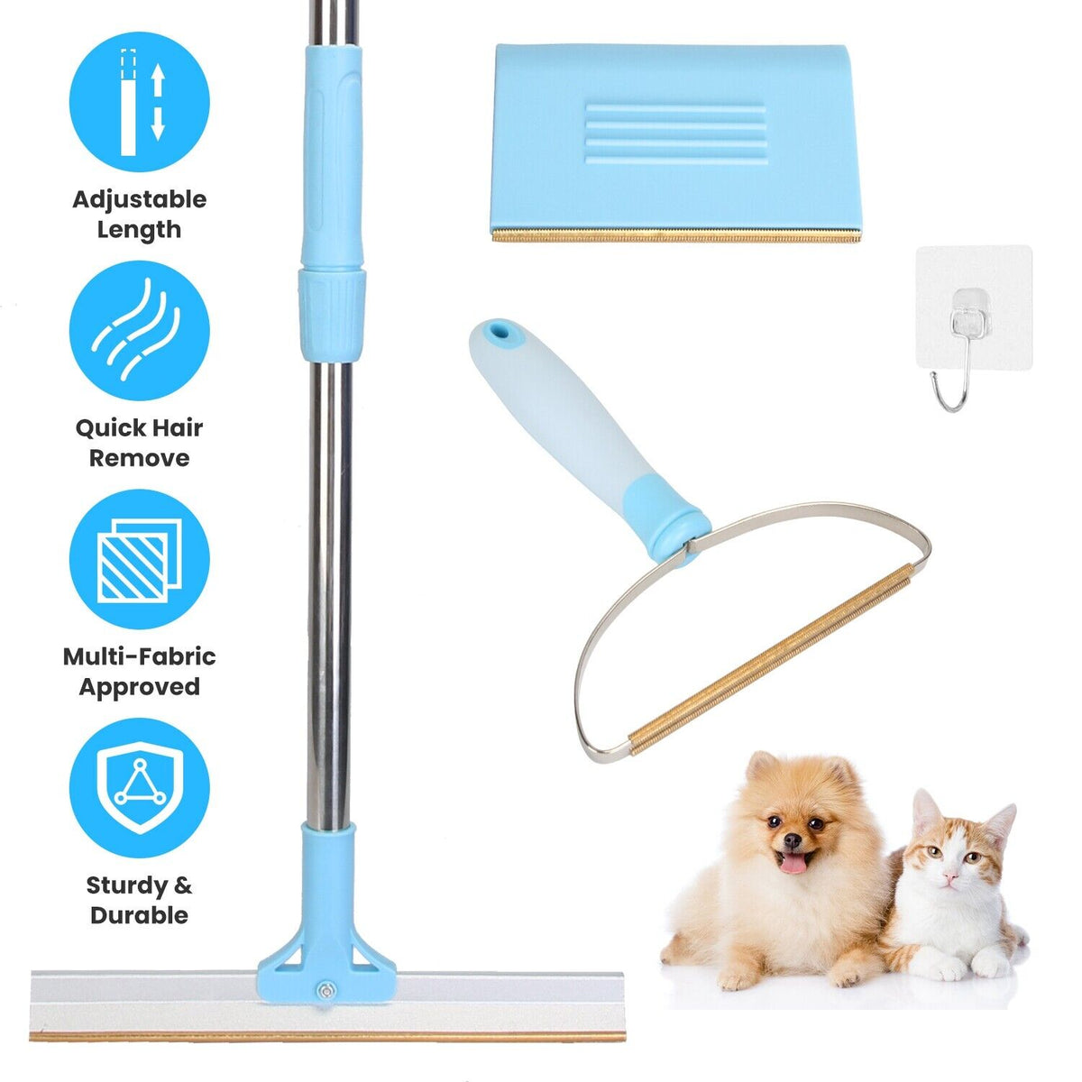 Pet Hair Removal Rake Set 54"Telescopic Handle Broom for Dog Cat Carpet Cleaner