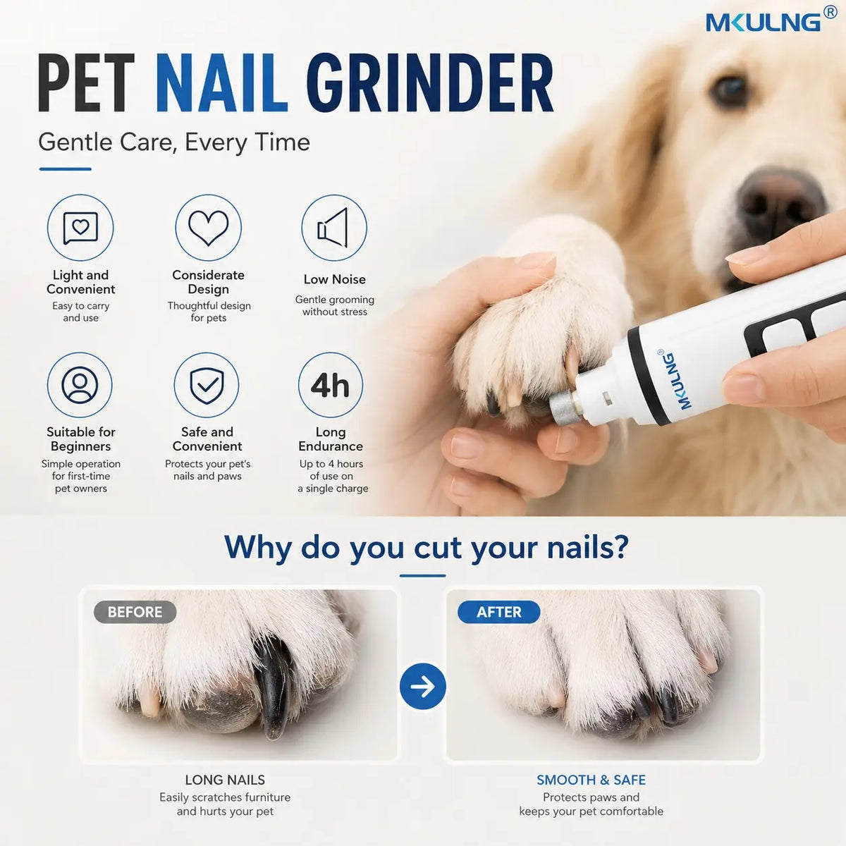 Pet Nail Grinder with LED Light and LCD Display, 3-Speed Silent Diamond Drill, 1200Mah USB-C Rechargeable, Suitable for Dogs and Cats