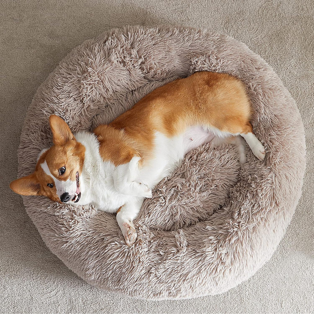 Medium round Calming Dog Bed Cat Bed for Comfy Sleep | Dog Bed for Medium Dog, Cute Washable Puppy Bed with Cozy Plush, Faux Fur Anxiety Pet Bed Donut Cuddler (30X30X10In, Brown)