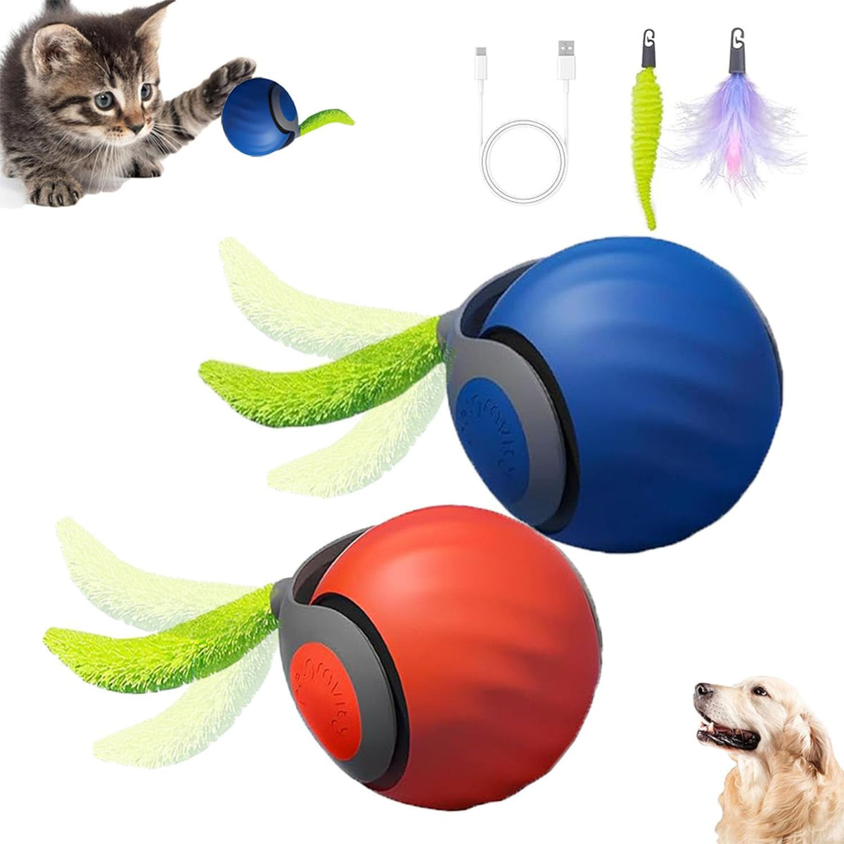 2Packs Speedy 2.0 Tail Cat Toys for Bored Indoor Adult Cats,2025 New Generation Interactive Cat Toys for Indoor Cats,Automatic Moving Ball with Tail,Blue and Orange