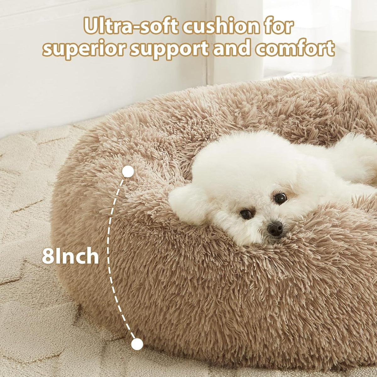 Medium round Calming Dog Bed Cat Bed for Comfy Sleep | Dog Bed for Medium Dog, Cute Washable Puppy Bed with Cozy Plush, Faux Fur Anxiety Pet Bed Donut Cuddler (30X30X10In, Brown)