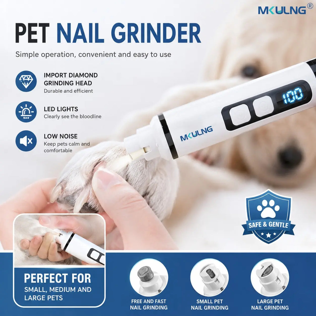 Pet Nail Grinder with LED Light and LCD Display, 3-Speed Silent Diamond Drill, 1200Mah USB-C Rechargeable, Suitable for Dogs and Cats