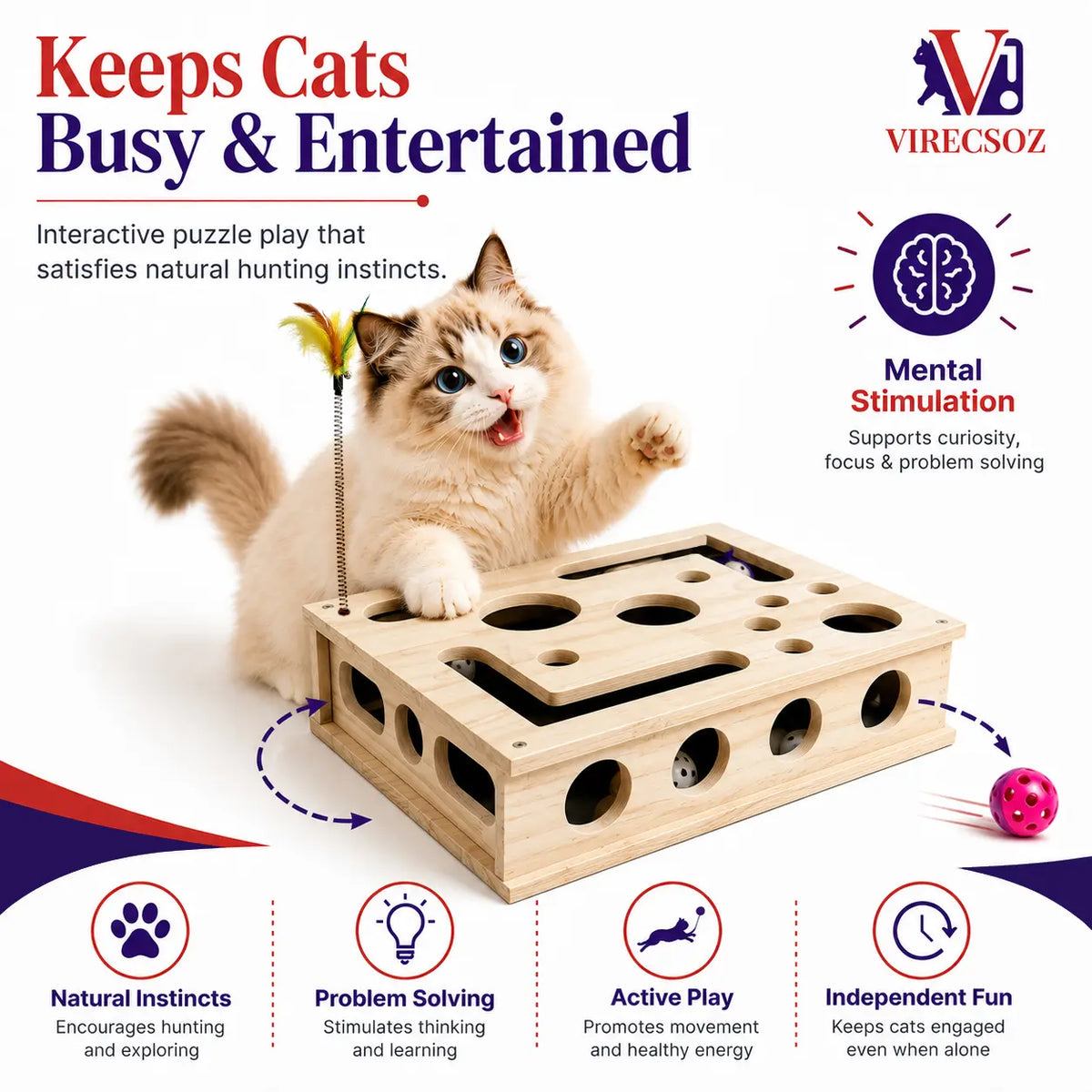 Cat Scratch Puzzle for Indoor Cats, Interactive Wooden Cat Toy with Built-In Scratcher, Felt Mouse Toy, Feather Wand, 3 Bell Balls, Puzzle Feeder, Cat Enrichment Toy, Gift for Cat Lovers