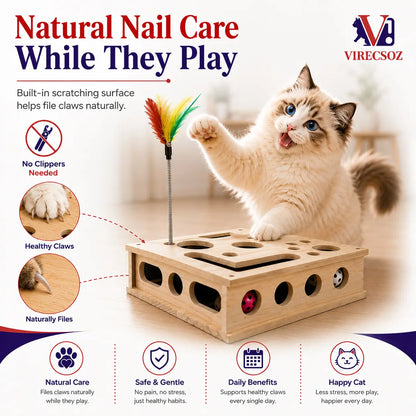 Cat Scratch Puzzle for Indoor Cats, Interactive Wooden Cat Toy with Built-In Scratcher, Felt Mouse Toy, Feather Wand, 3 Bell Balls, Puzzle Feeder, Cat Enrichment Toy, Gift for Cat Lovers