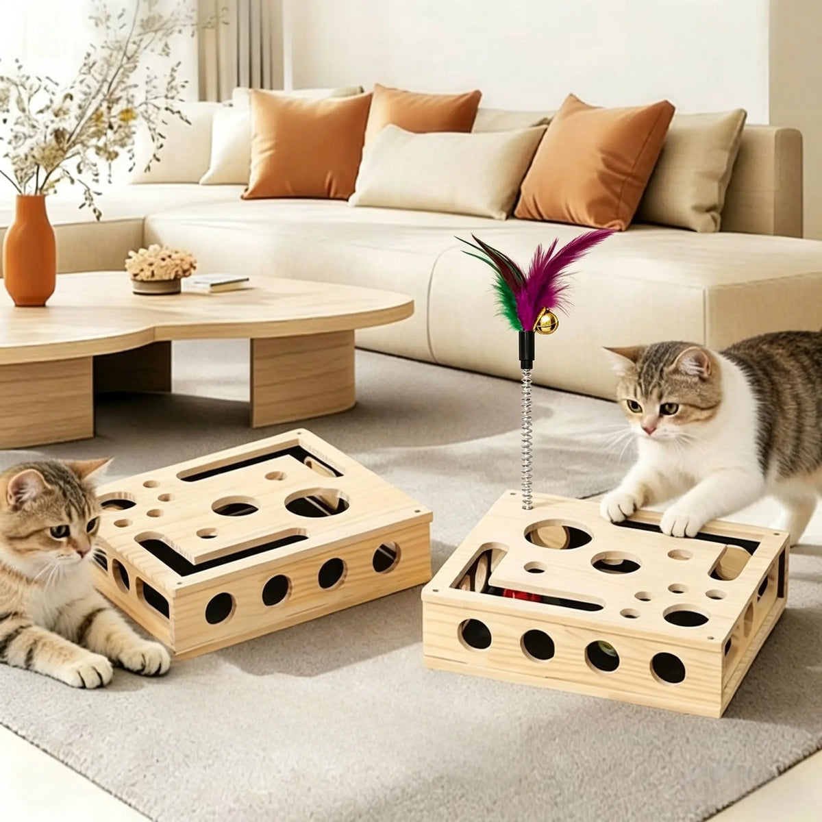 Cat Nail File and Scratching Puzzle Toy Box, Scratcher Board, Rich Scratch Box, Wooden Sandpaper Surface, Suitable for Indoor Cats, Kitty, Stress-Free Alternative to Nail Clippers and Claw Grinders, Cat Self-Entertainment Toy