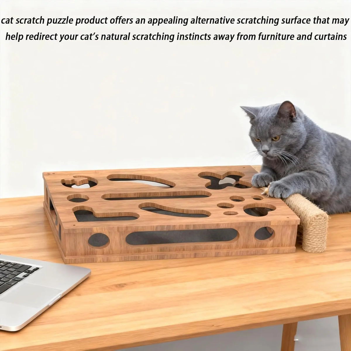 GENERIC Natural Wood Textured Cat Scratch Puzzle Toy Enrichment Box - Solid Wood Scratching Post Alternative with Nail File for Claw & Paw Care, Indoor Cats (Brown), Scratcher