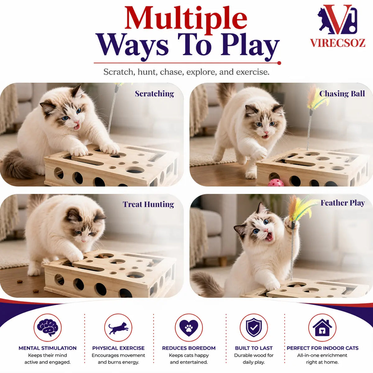 Cat Scratch Puzzle for Indoor Cats, Interactive Wooden Cat Toy with Built-In Scratcher, Felt Mouse Toy, Feather Wand, 3 Bell Balls, Puzzle Feeder, Cat Enrichment Toy, Gift for Cat Lovers