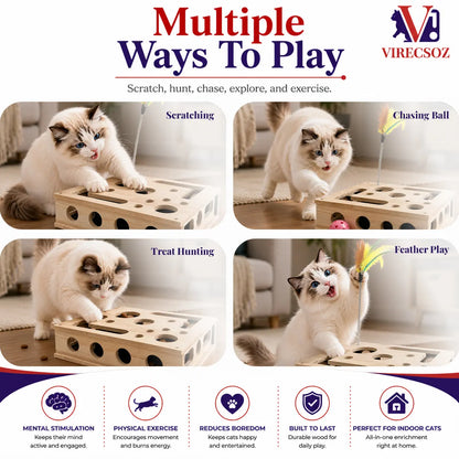 Cat Scratch Puzzle for Indoor Cats, Interactive Wooden Cat Toy with Built-In Scratcher, Felt Mouse Toy, Feather Wand, 3 Bell Balls, Puzzle Feeder, Cat Enrichment Toy, Gift for Cat Lovers