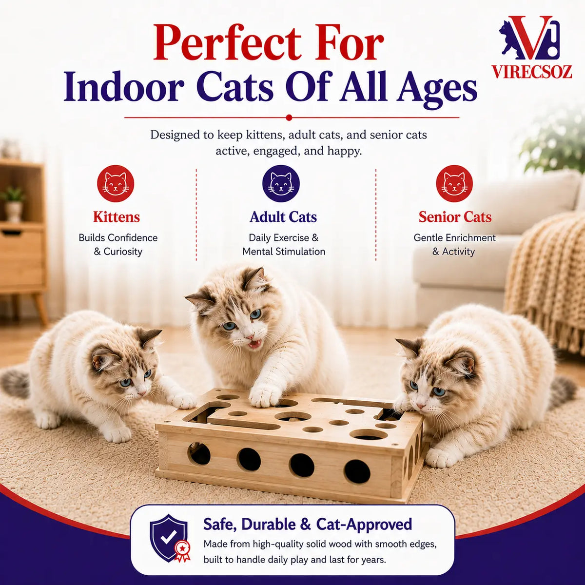 Cat Scratch Puzzle for Indoor Cats, Interactive Wooden Cat Toy with Built-In Scratcher, Felt Mouse Toy, Feather Wand, 3 Bell Balls, Puzzle Feeder, Cat Enrichment Toy, Gift for Cat Lovers