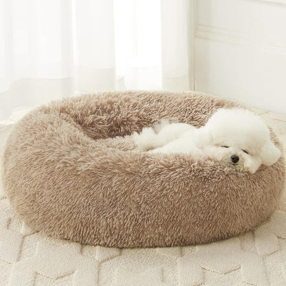 Medium round Calming Dog Bed Cat Bed for Comfy Sleep | Dog Bed for Medium Dog, Cute Washable Puppy Bed with Cozy Plush, Faux Fur Anxiety Pet Bed Donut Cuddler (30X30X10In, Brown)