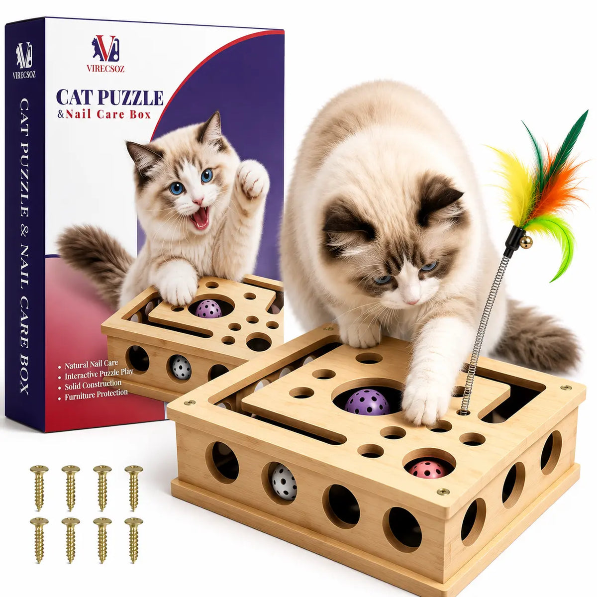 Cat Scratch Puzzle for Indoor Cats, Interactive Wooden Cat Toy with Built-In Scratcher, Felt Mouse Toy, Feather Wand, 3 Bell Balls, Puzzle Feeder, Cat Enrichment Toy, Gift for Cat Lovers