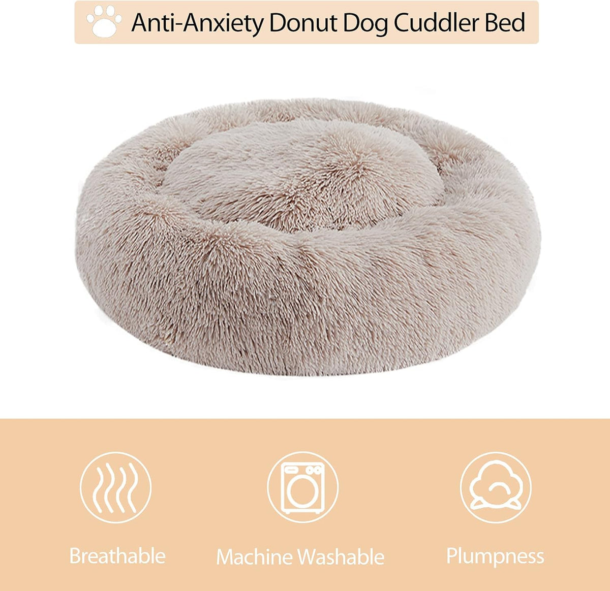 Medium round Calming Dog Bed Cat Bed for Comfy Sleep | Dog Bed for Medium Dog, Cute Washable Puppy Bed with Cozy Plush, Faux Fur Anxiety Pet Bed Donut Cuddler (30X30X10In, Brown)