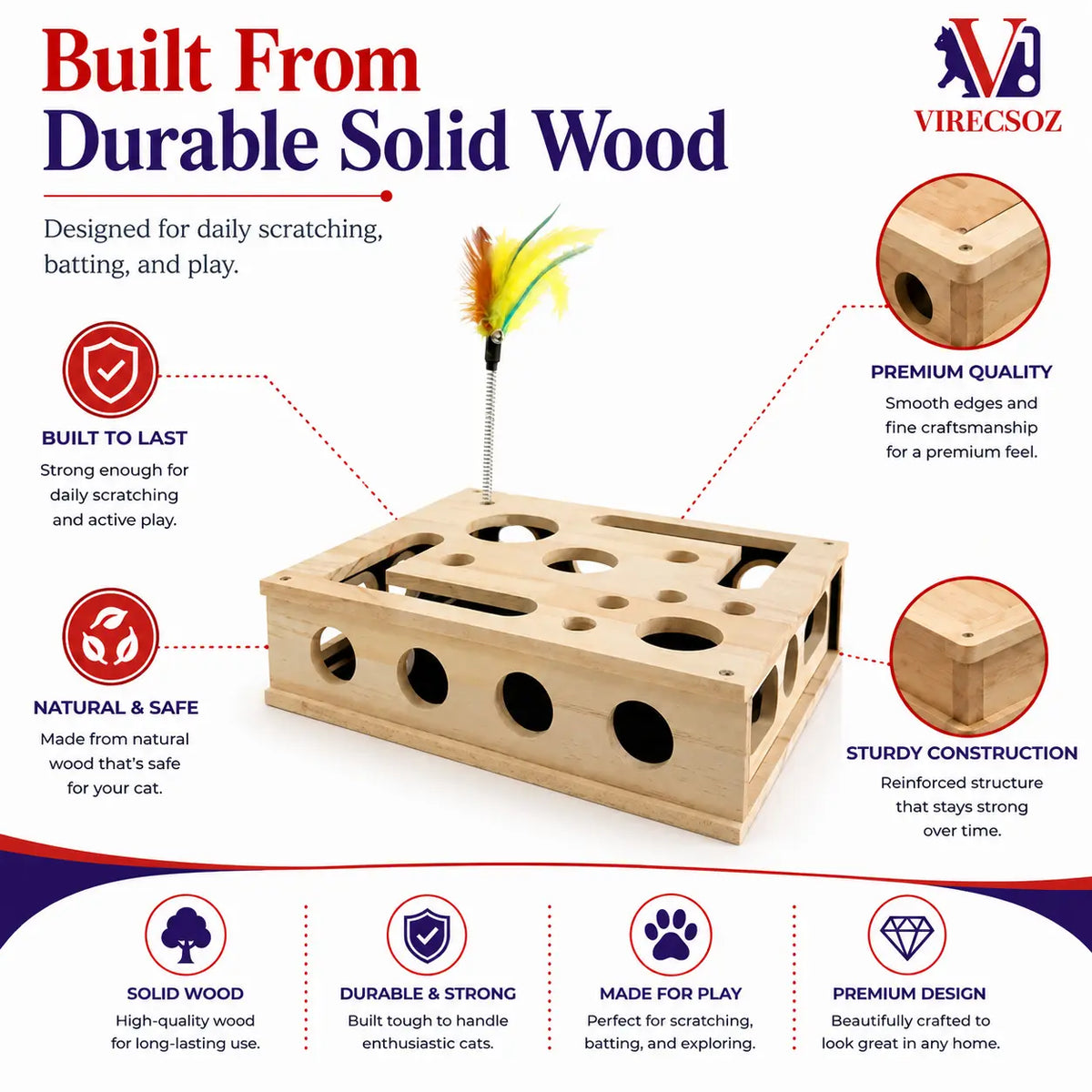 Cat Scratch Puzzle for Indoor Cats, Interactive Wooden Cat Toy with Built-In Scratcher, Felt Mouse Toy, Feather Wand, 3 Bell Balls, Puzzle Feeder, Cat Enrichment Toy, Gift for Cat Lovers