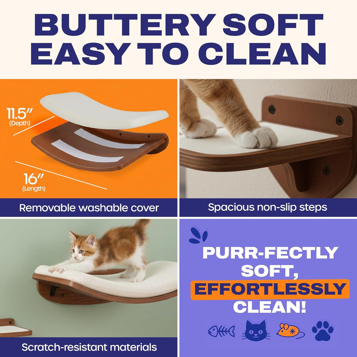 Cat Wall Shelves, Walnut Floating Cat Furniture with Bed & Steps