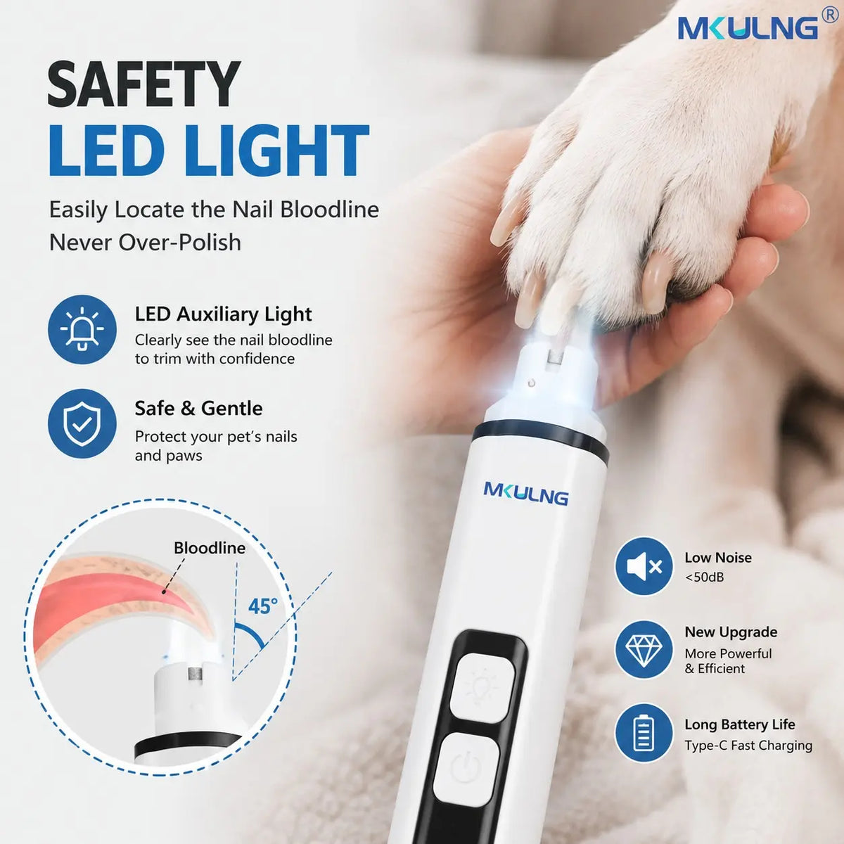 Pet Nail Grinder with LED Light and LCD Display, 3-Speed Silent Diamond Drill, 1200Mah USB-C Rechargeable, Suitable for Dogs and Cats